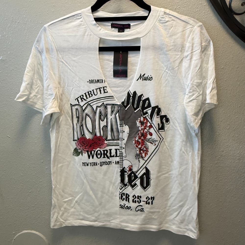 Material Girl‎ Rock World Tour Graphic Cutout V Neck Tee White Roses M